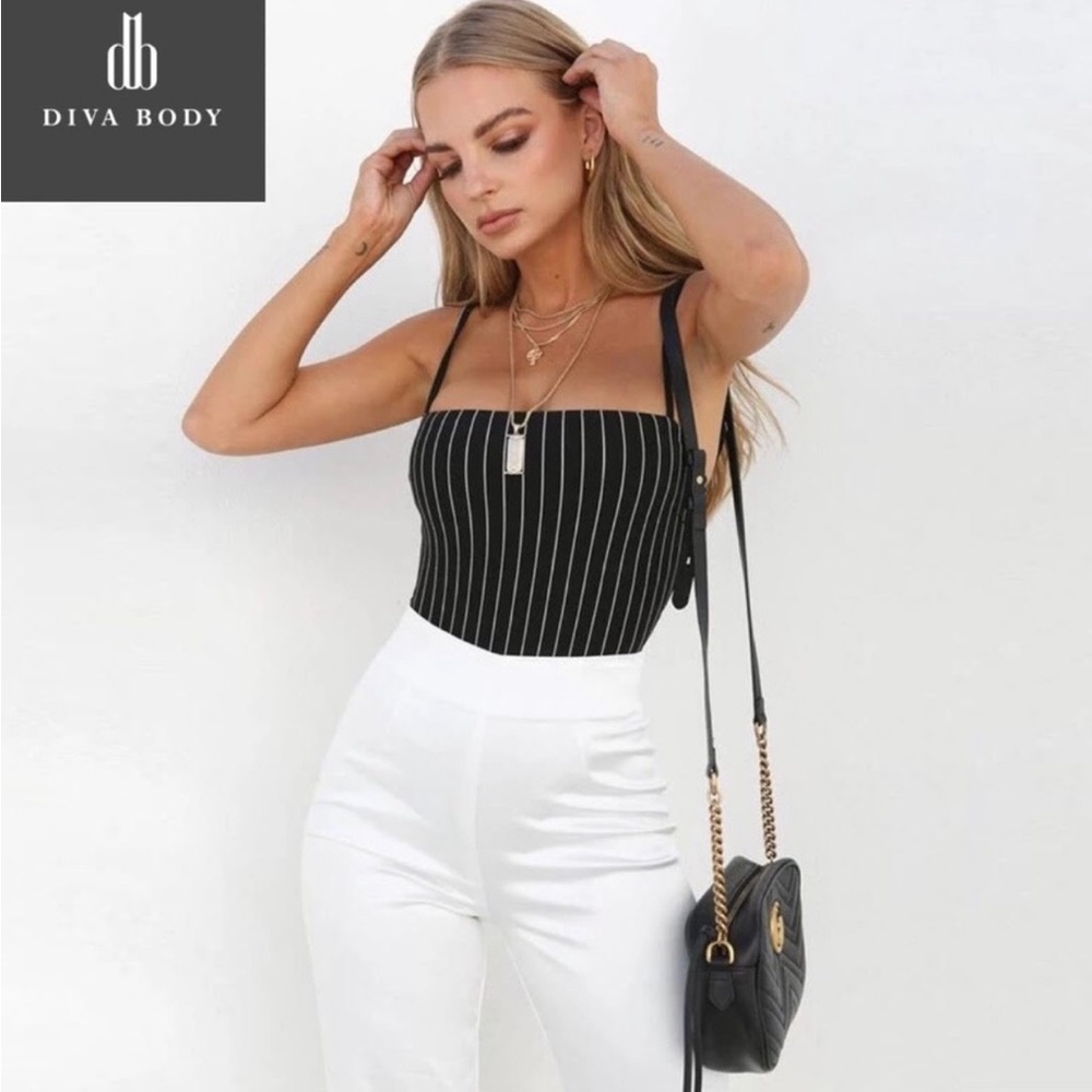 Black bodysuit with white pinstripes NWT size Medium - Picture 2 of 14